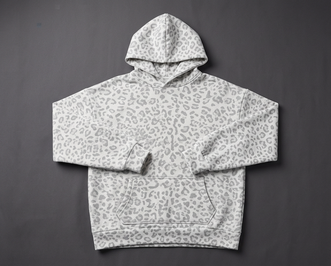 Snow leopard print hoodie laid flat on a charcoal surface