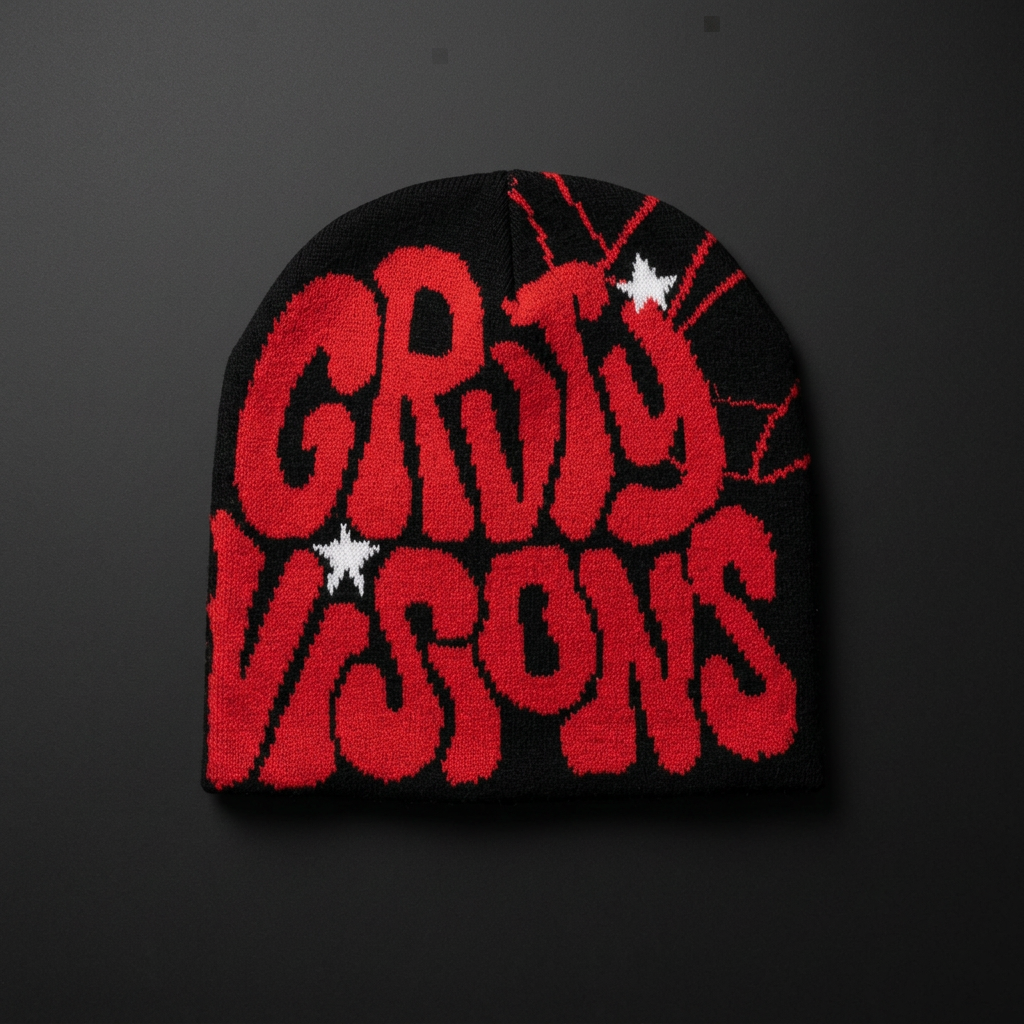Black Gravity Visions beanie with red lettering laid flat