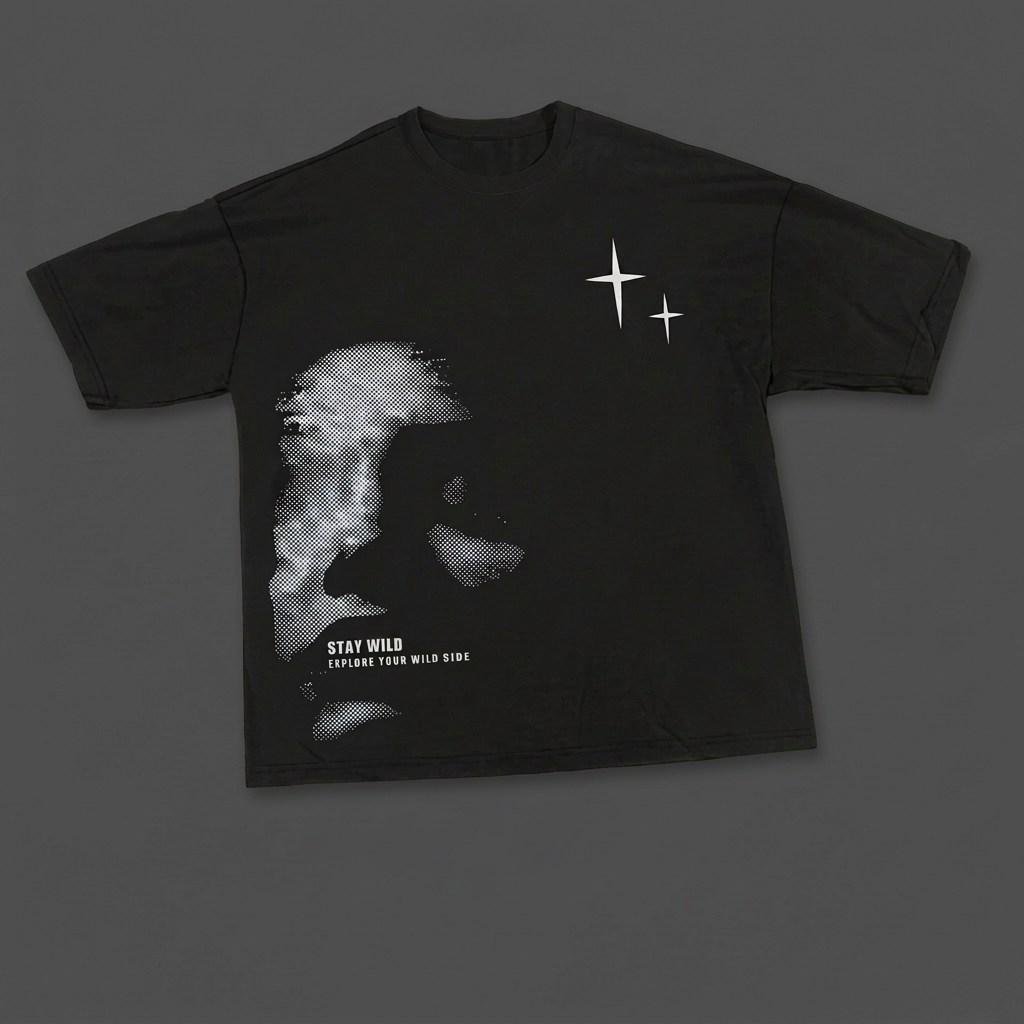 Stay Wild oversized black tee laid flat