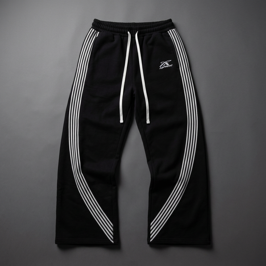 Black side stripe sweatpants laid flat
