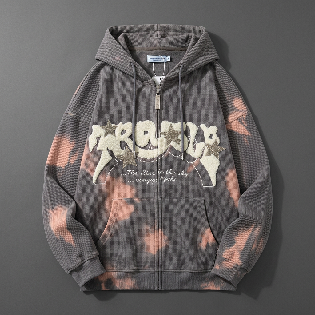 Grey tie-dye Trouble zip hoodie laid flat on a plain charcoal surface