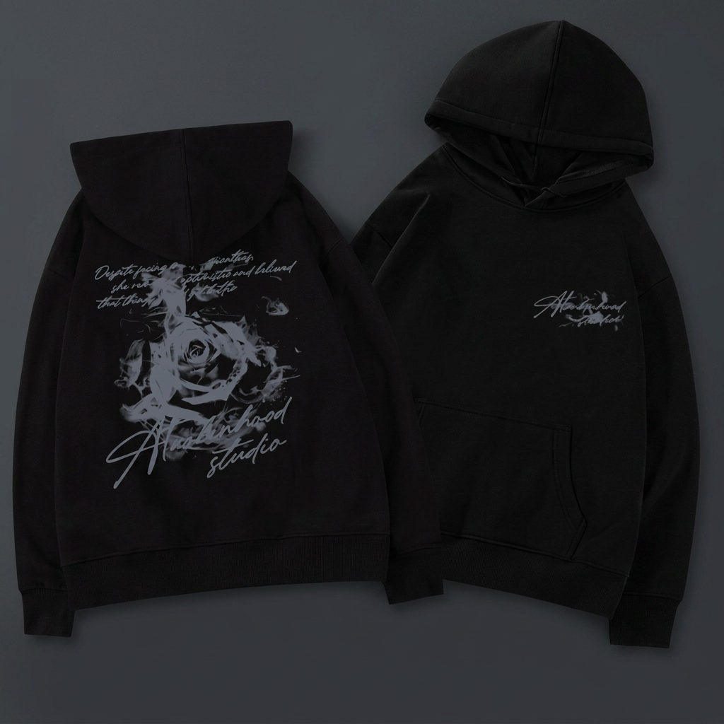Black Aftershadow rose hoodie, front and back